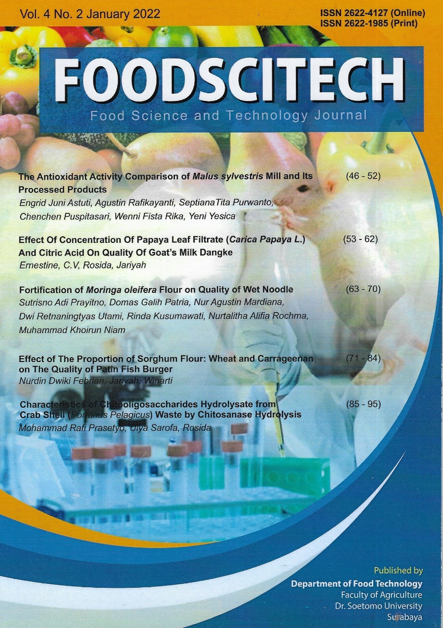 Food Science and Technology Journal (Foodscitech) is an online journal in the food science, food technology, nutrition, which also includes about the food chemistry science, biochemistry, microbiology, food engineering, food safety, food quality, food sensory, functional food, health food and the other fields that are related to the food. Published 2 times a year in July and December with 5 articles for each issued. ISSN 2622-1985 (Print) ISSN 2622-4127 (Online)